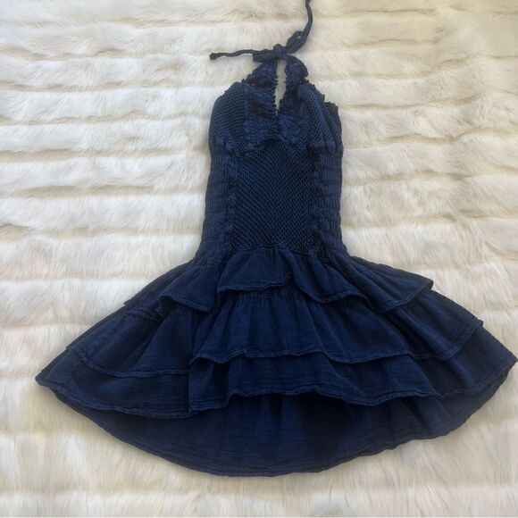 Cotton Collection Denim Ruffle Halter Dress (S) - Picture 1 of 5